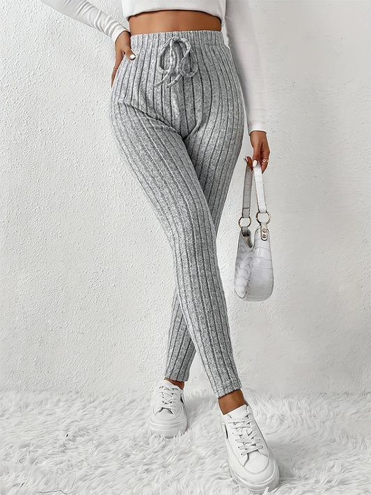 VaultHaus high waist stretch leggings in gray ribbed design with drawstring and slim fit