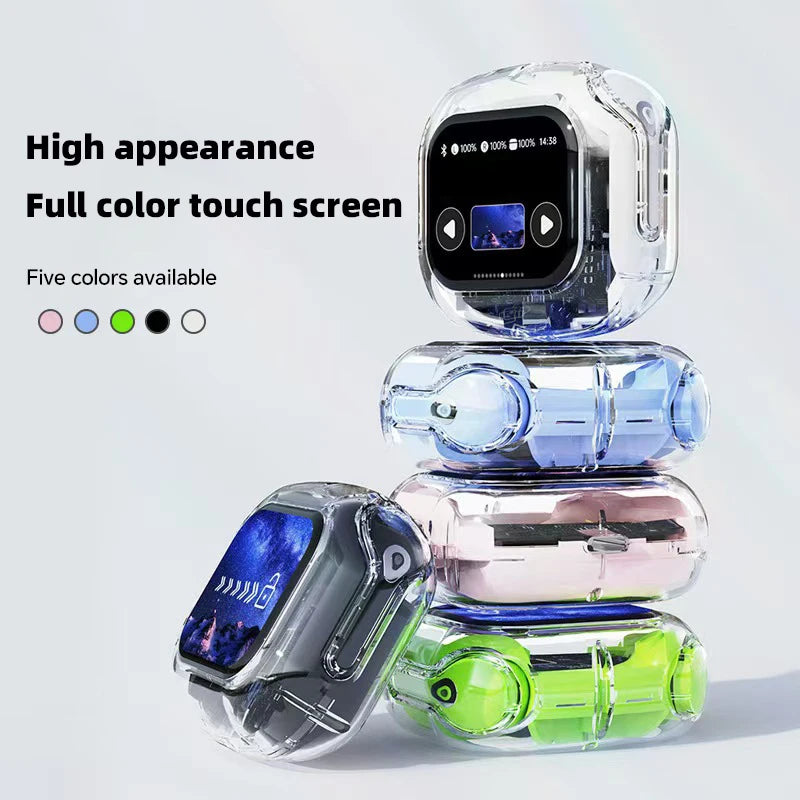 Translation headphones with touch screen stacked in five vibrant colours showcasing their high appearance and design