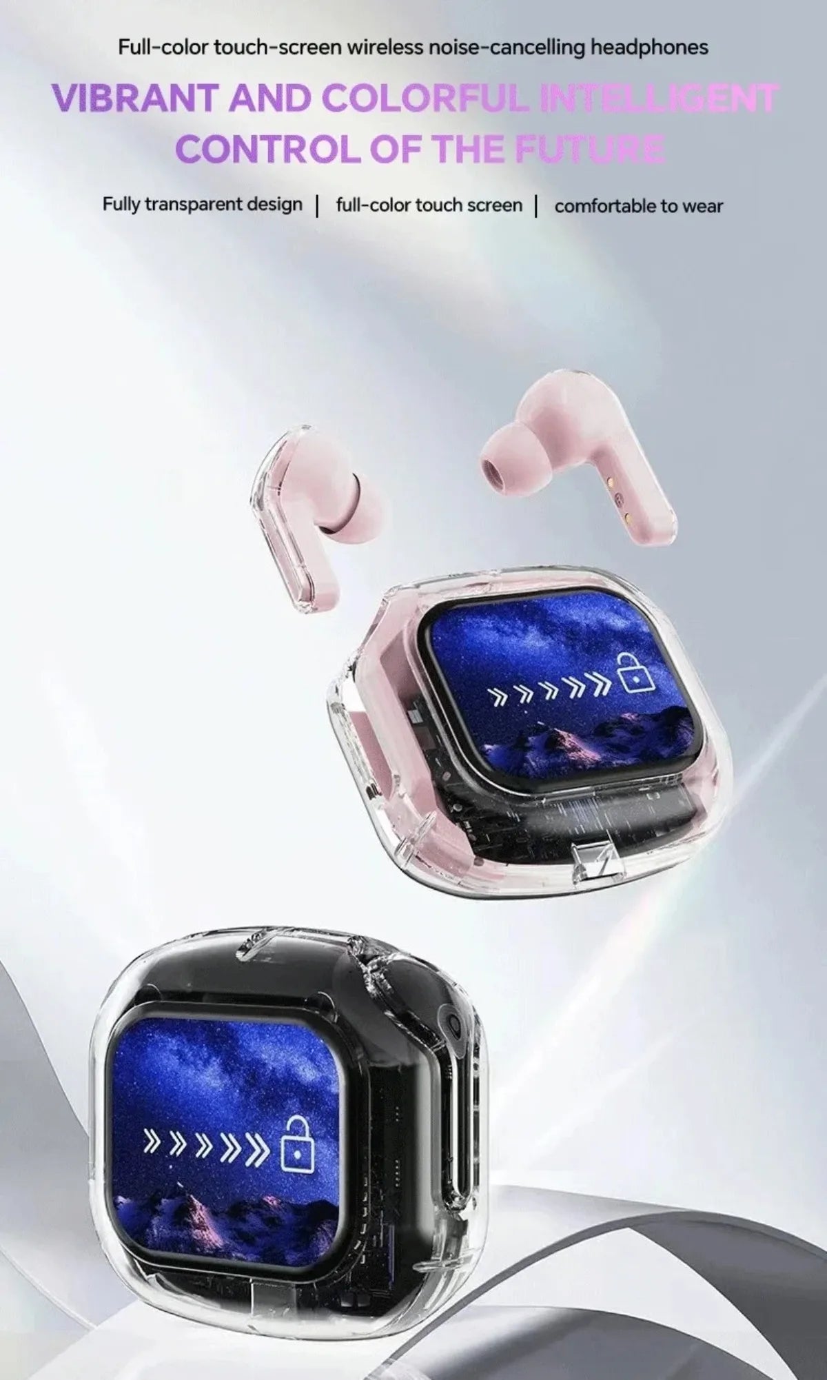 VaultHaus translation headphones with touch screen in stylish transparent design for clear communication