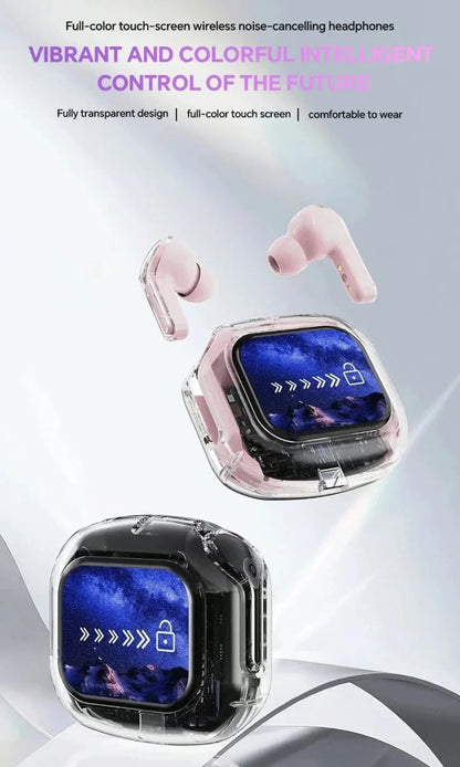 VaultHaus translation headphones with touch screen in stylish transparent design for clear communication