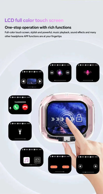 VaultHaus translation headphones with touch screen showing full colour LCD display and multiple app functions