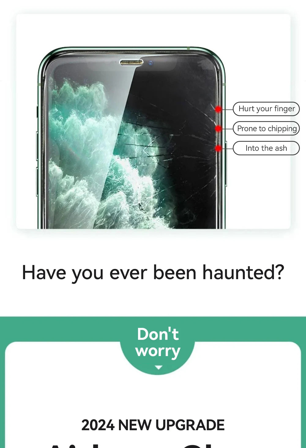 HD tempered glass screen protector for iPhone with features highlighted for enhanced durability and protection