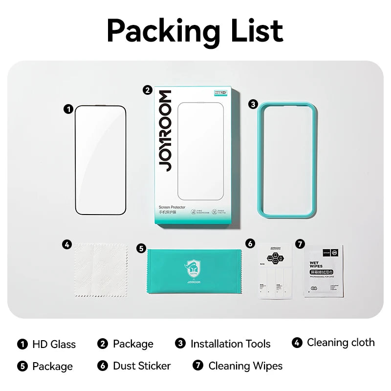 Packing list for HD tempered glass screen protector for iPhone including cleaning tools and accessories