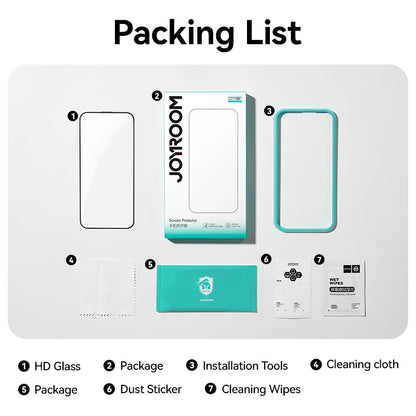 Packing list for HD tempered glass screen protector for iPhone including cleaning tools and accessories