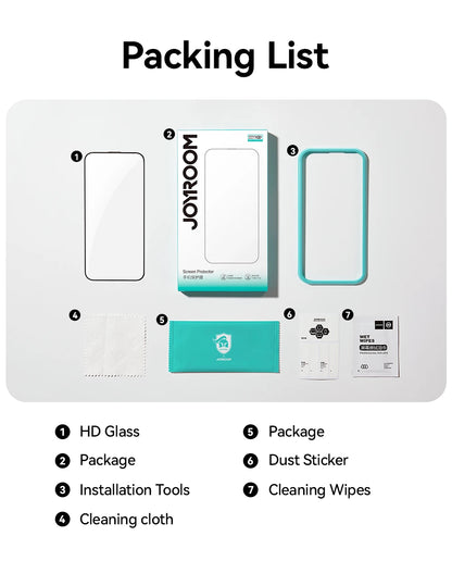 Packing list for HD tempered glass screen protector for iPhone including installation tools and cleaning wipes
