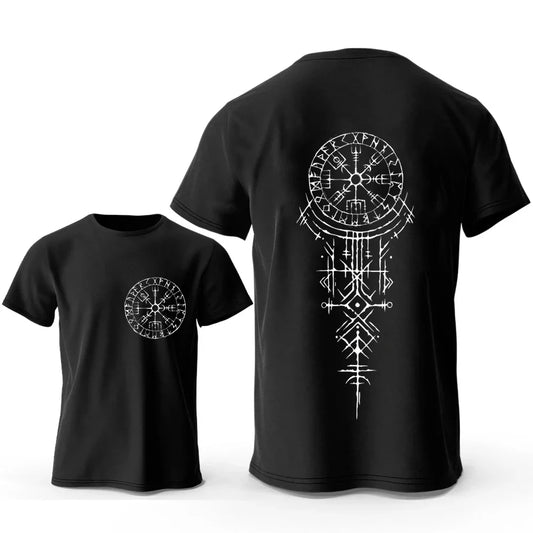 Black Viking runic compass t-shirt featuring intricate runic designs on back and front