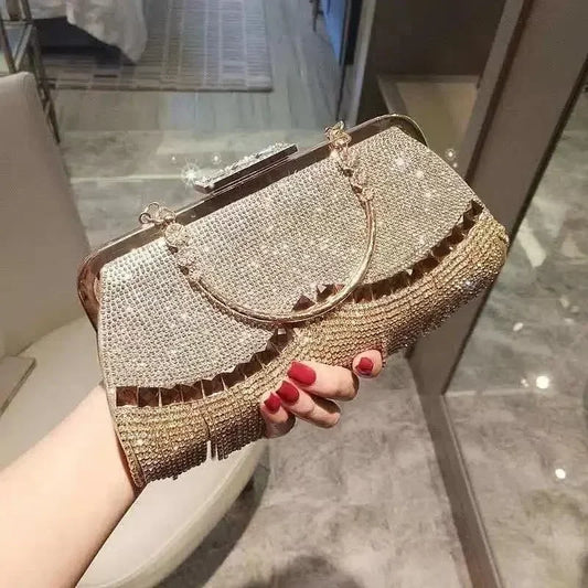 Ladies luxury evening purse adorned with sparkling crystals and a stylish handle