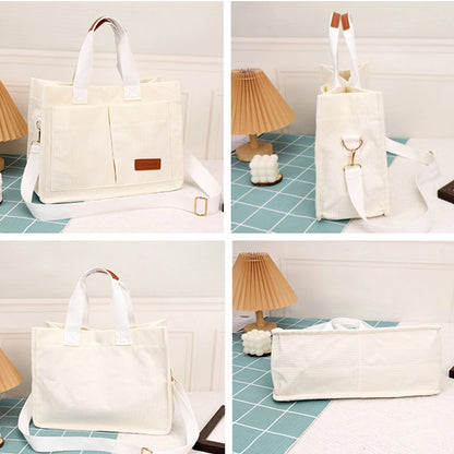Stylish large capacity canvas handbag in cream color with versatile carrying options and spacious design