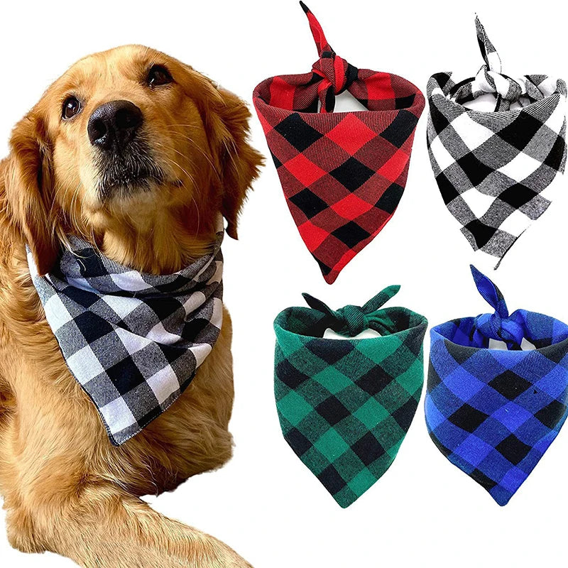 Four plaid large dog bandanas in black, red, green, and blue on a golden retriever