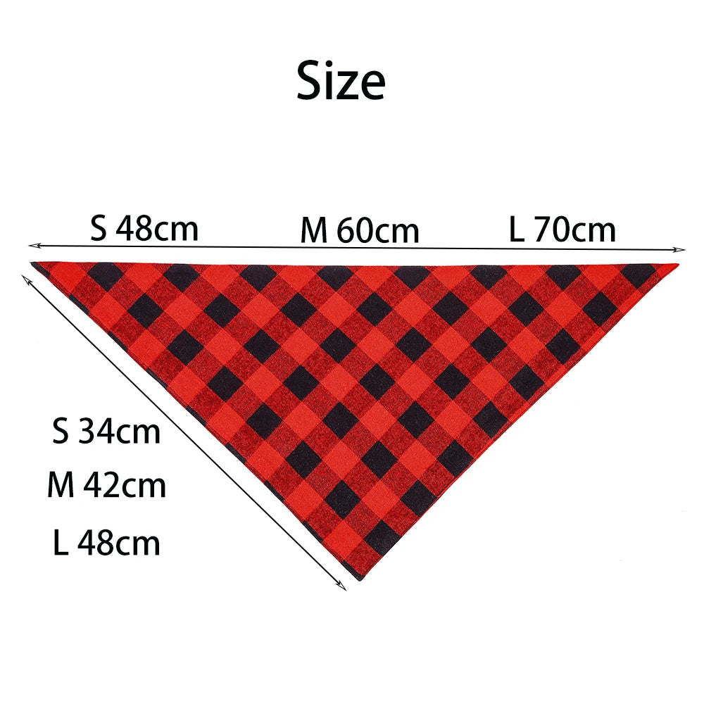Size chart for large dog bandanas showing S, M, and L dimensions in a red and black checkered pattern
