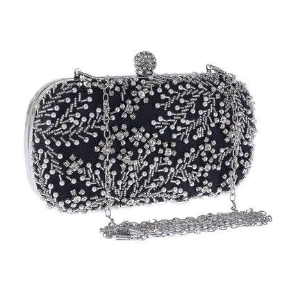 VaultHaus black pearl embellished evening clutch bag with silver chain and intricate beadwork