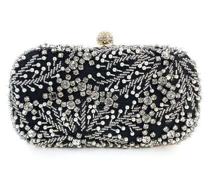 VaultHaus pearl embellished evening clutch bag with intricate rhinestone and bead detailing on black fabric