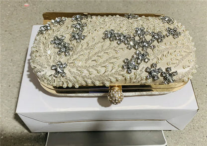 VaultHaus pearl embellished evening clutch bag with intricate pearl and rhinestone floral detailing