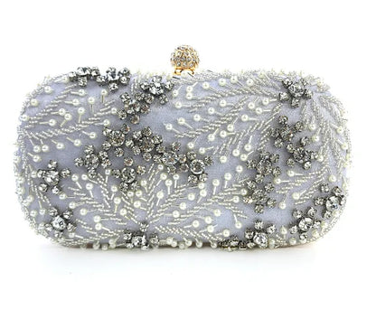 VaultHaus pearl embellished evening clutch bag with intricate rhinestone and pearl detailing on fabric