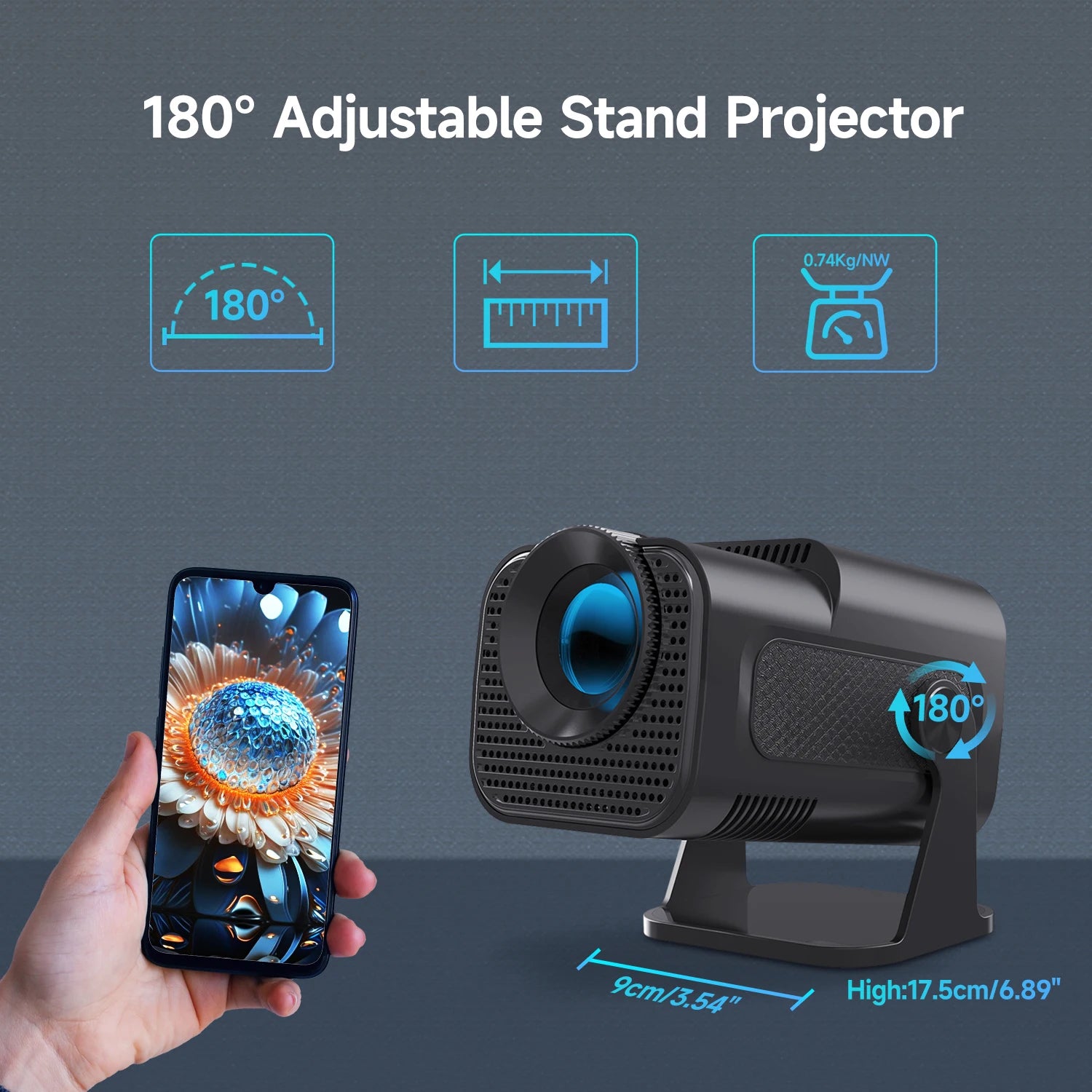 720P Android projector with 180-degree adjustable stand and smartphone connection for versatile viewing