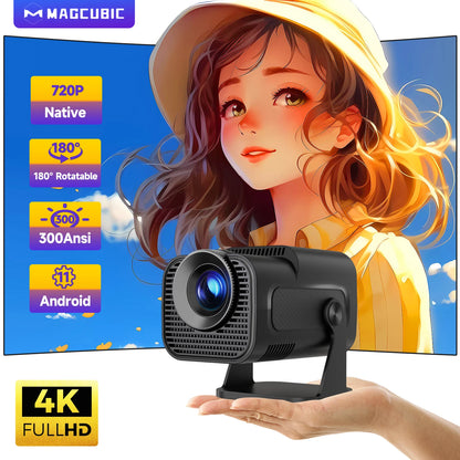 720P Android projector with 180-degree rotation and vibrant image display for portable viewing