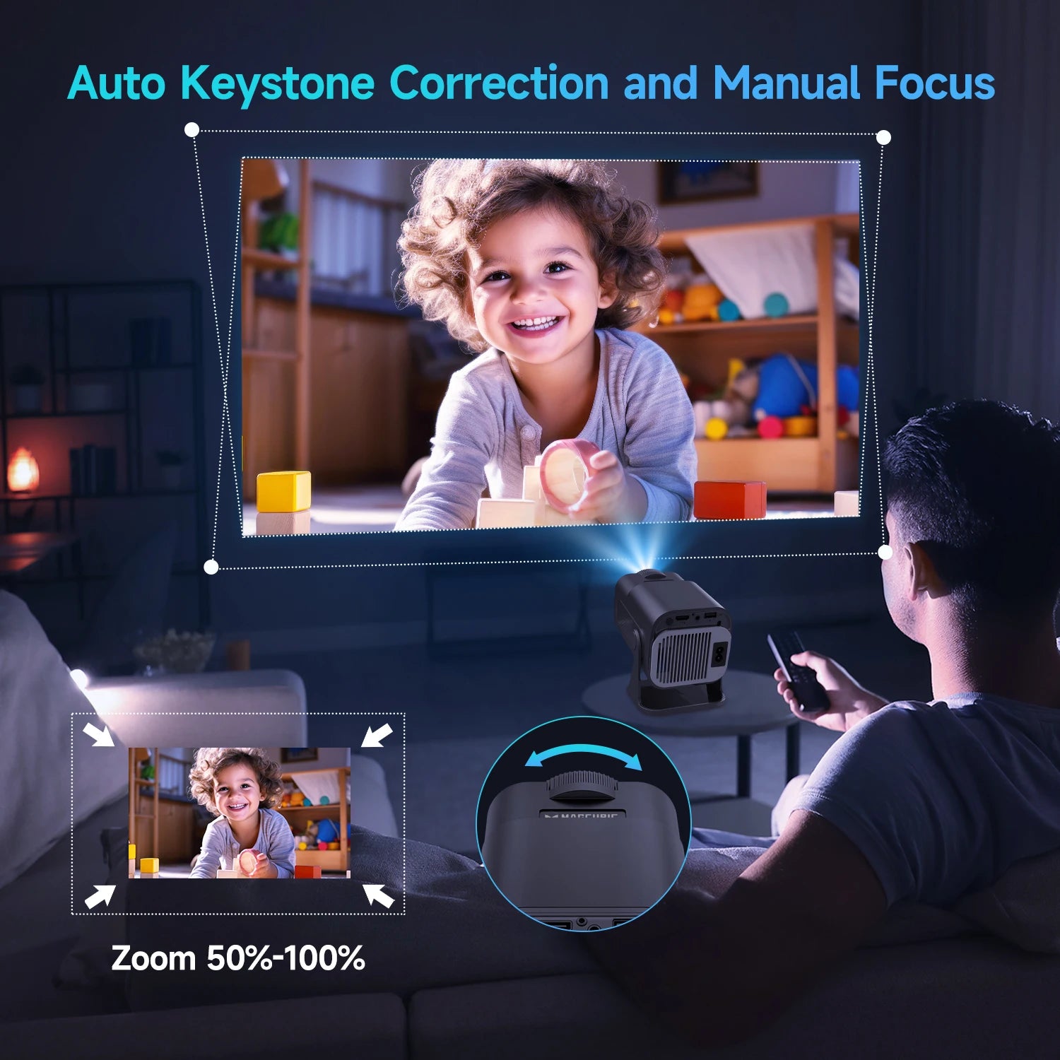 720P Android projector with auto keystone correction and manual focus for optimal viewing experience