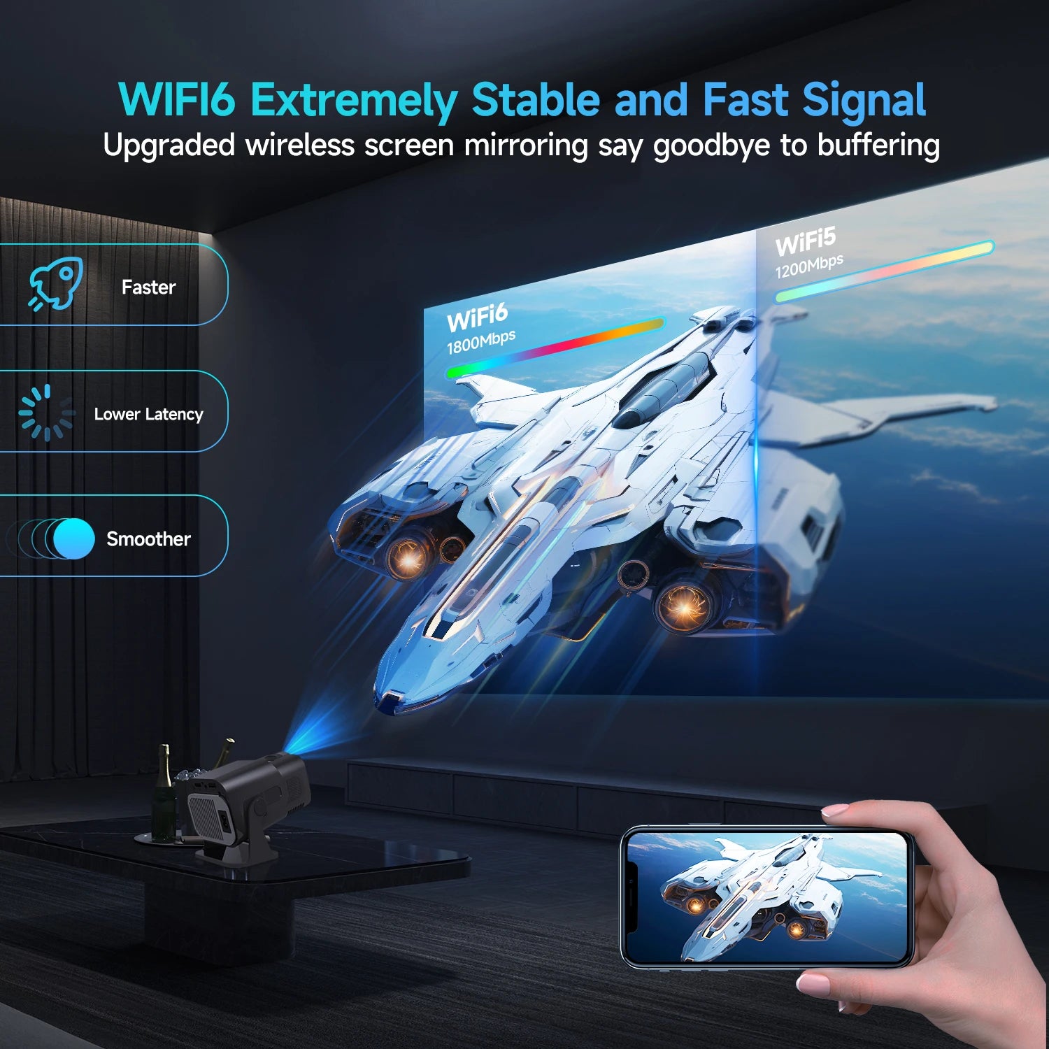720P Android projector showcasing wireless screen mirroring with stable signal and high-speed performance