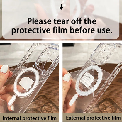 Transparent Magsafe magnetic iPhone case showing internal and external protective films for easy installation