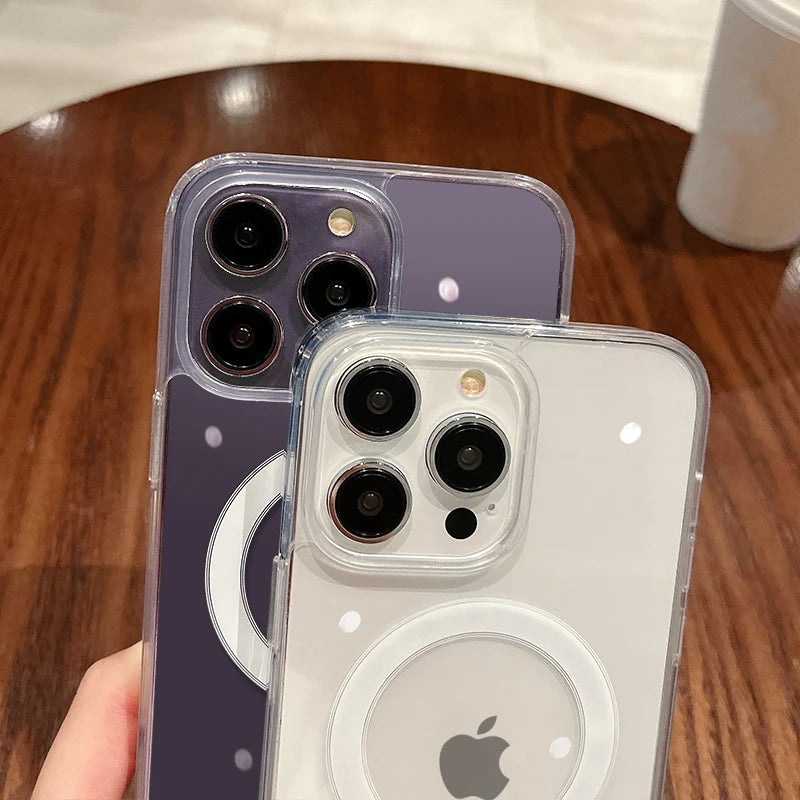 Two VaultHaus Magsafe magnetic iPhone cases in different colours showcasing their clear design