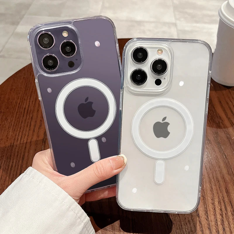 Two Magsafe magnetic iPhone cases in clear and purple with circular magnetic attachment for easy charging