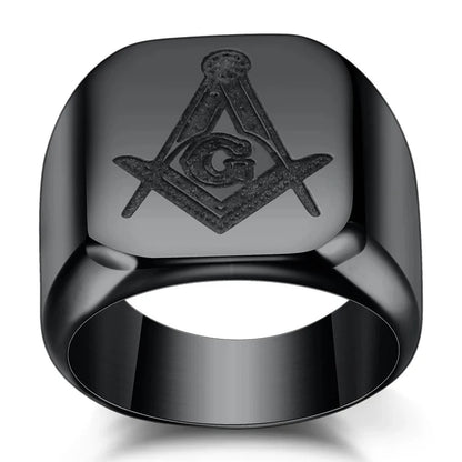 VaultHaus iced out masonic ring for men featuring a bold black design with intricate emblem