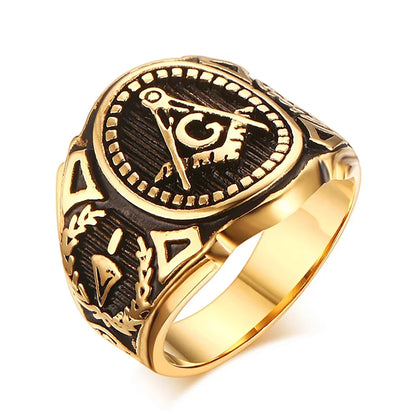 Gold and black iced out masonic ring for men featuring intricate designs and symbolism