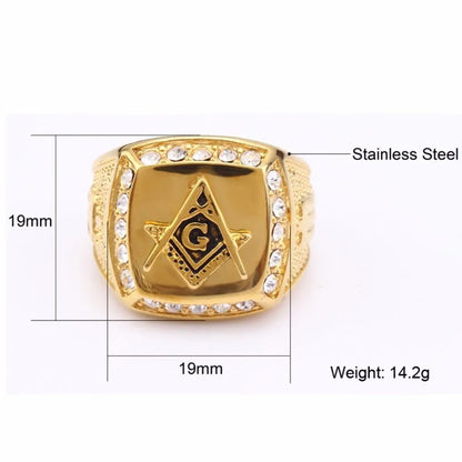 Gold Stainless Steel Iced Out Masonic Ring for Men with Square Design and Clear Stones