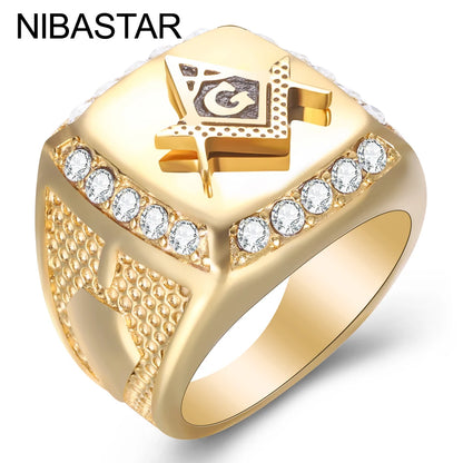 Gold Iced Out Masonic Ring for Men with Clear Stones and Intricate Design