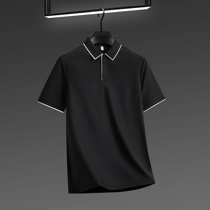 VaultHaus men's business casual polo shirt in black with contrast collar and sleeve details