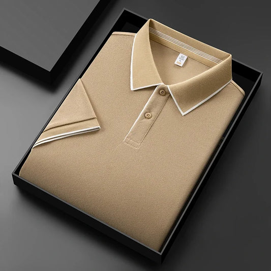VaultHaus men's business casual polo shirt folded neatly in a black gift box