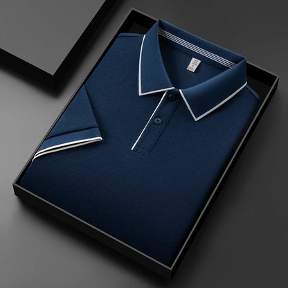 Navy VaultHaus men's business casual polo shirt neatly folded in a stylish box