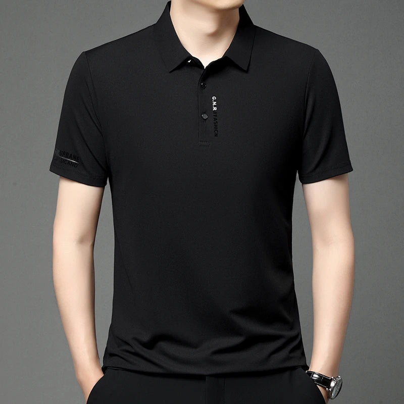 Stylish black solid color polo shirt for men with a classic fit and short sleeves