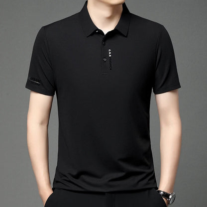 Stylish black solid color polo shirt for men with a classic fit and short sleeves