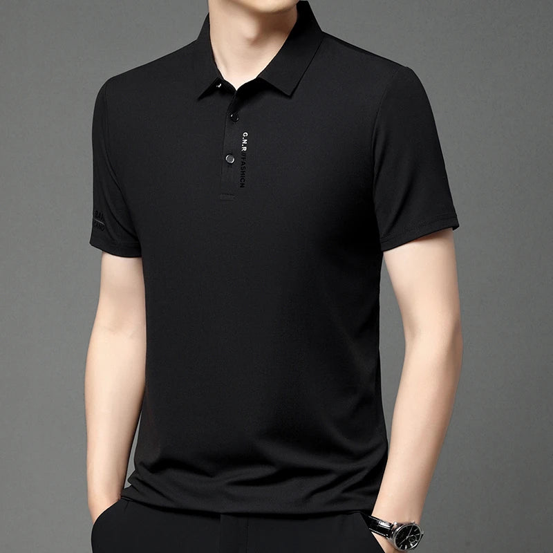 VaultHaus solid color polo shirt for men in black, featuring a classic collar and short sleeves