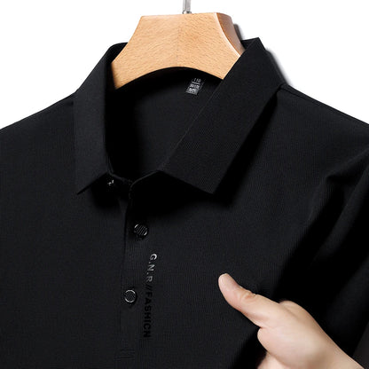 Solid color polo shirt for men in black with a classic collar and stylish button details