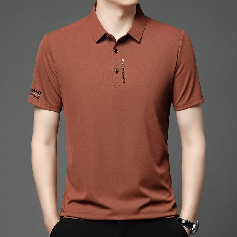 VaultHaus solid color polo shirt for men in brown with classic collar and button placket