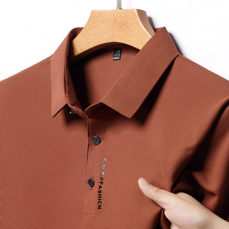 Solid color polo shirt for men in brown, featuring a classic collar and stylish button detail