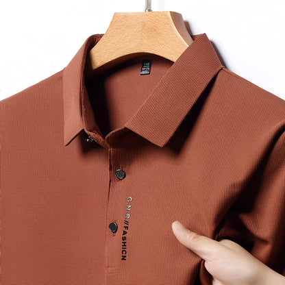 Solid color polo shirt for men in brown, featuring a classic collar and stylish button detail