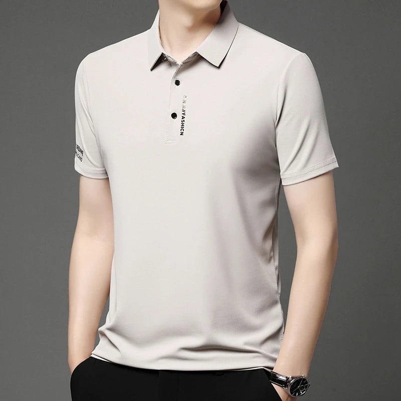 VaultHaus solid color polo shirt for men in light beige with classic collar and button details