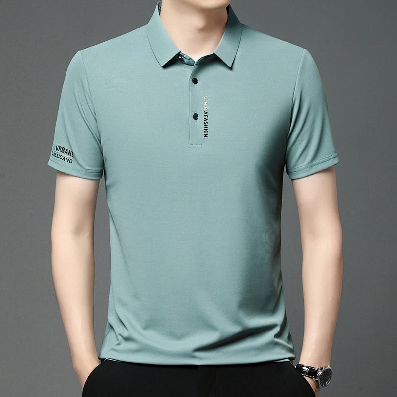 Light green solid color polo shirt for men with a classic fit and subtle logo detail