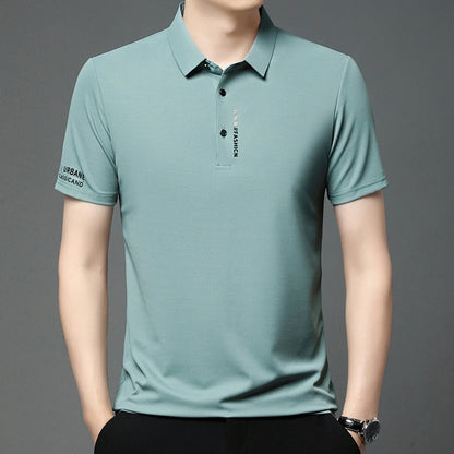 Light green solid color polo shirt for men with a classic fit and subtle logo detail