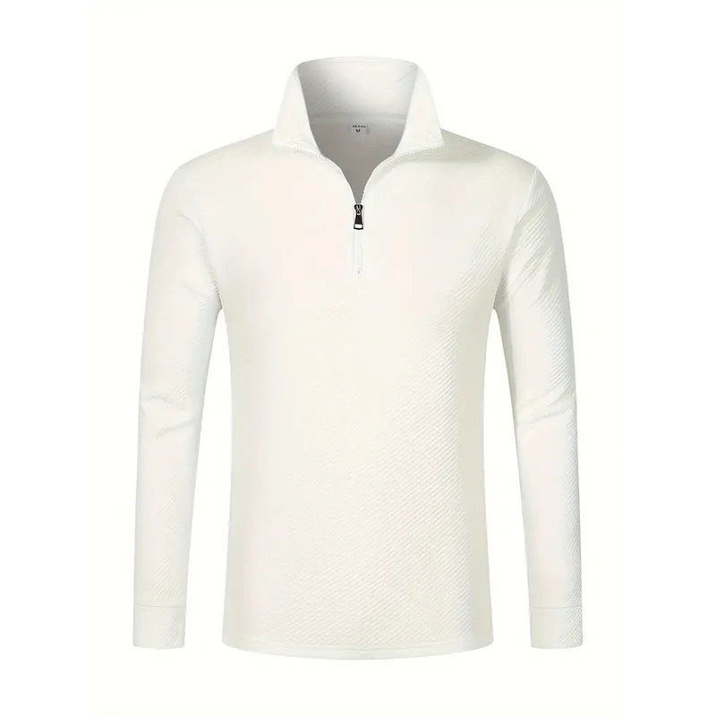 VaultHaus mens business comfortable breathable polo top in white with half-zip collar and long sleeves