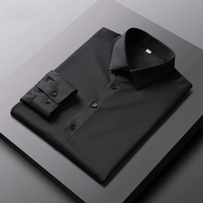 VaultHaus men's casual long sleeve non Ironing and wrinkle resistant business shirt in black on a flat surface