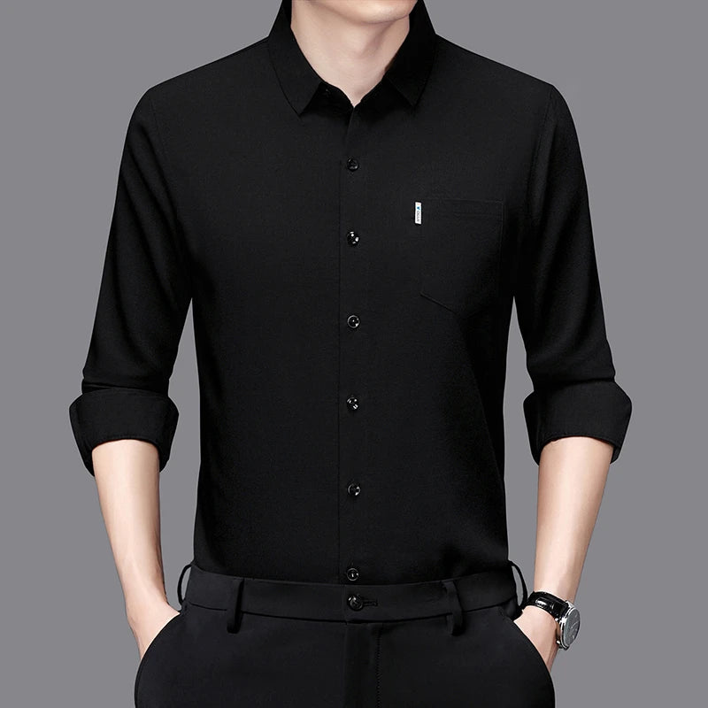 Men's Casual Long Sleeved Wrinkle Resistance No Ironing Printed Shirt in sleek black style