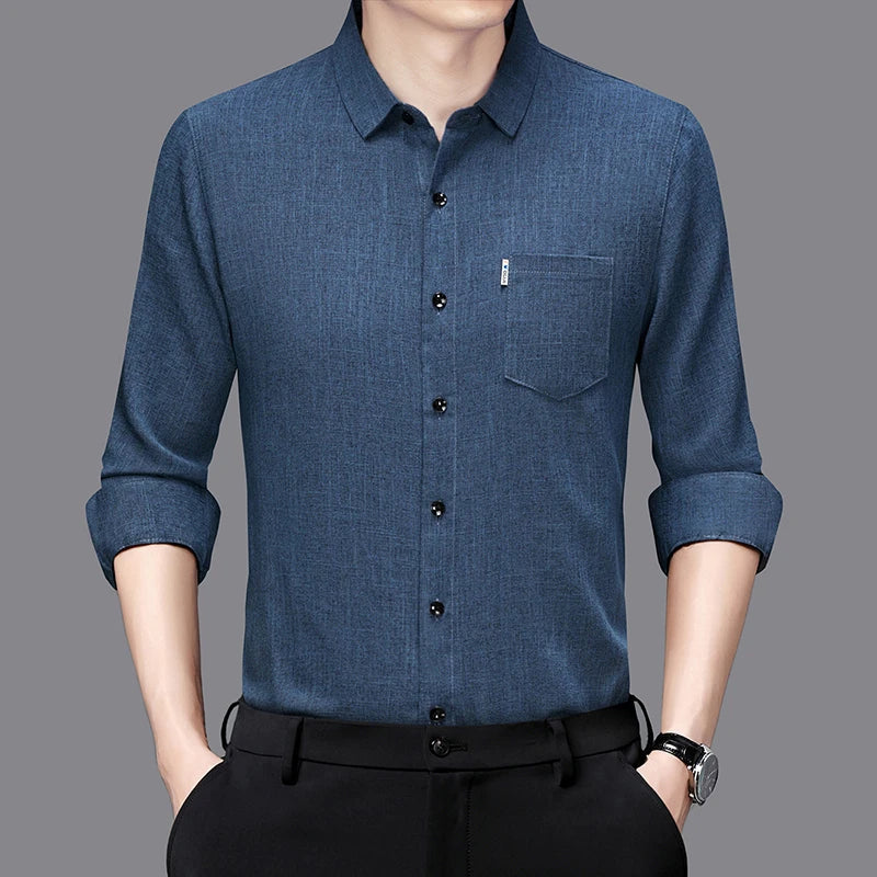 Men's Casual Long Sleeved Wrinkle Resistance No Ironing Printed Shirt in blue with stylish button-down design