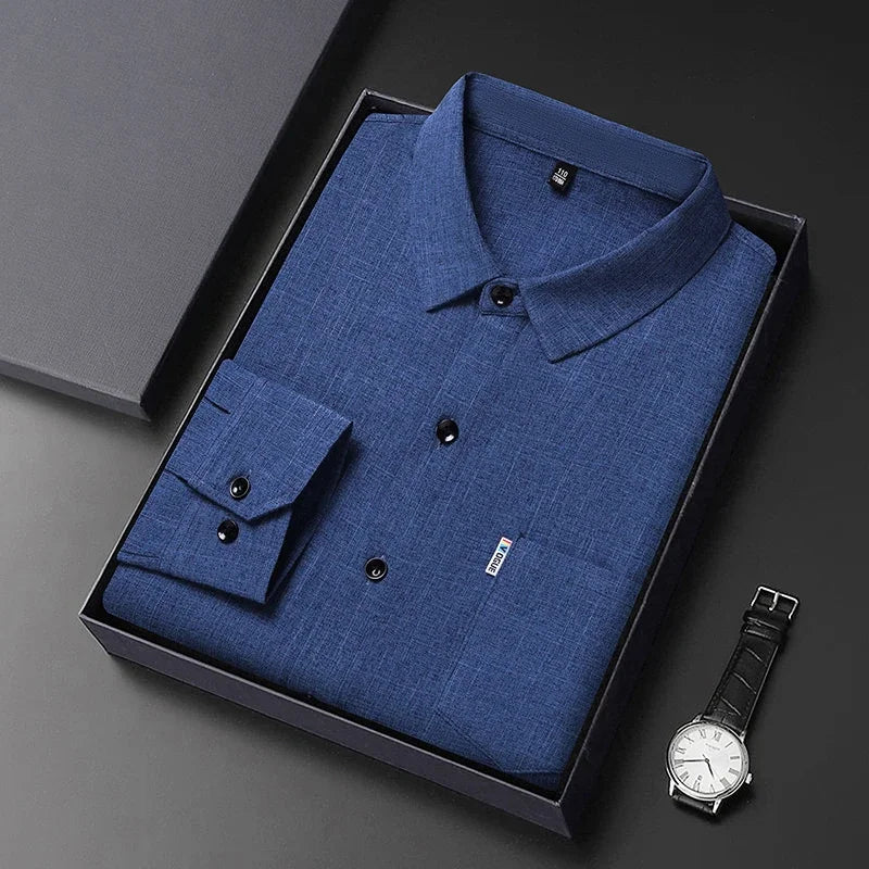 VaultHaus Men's Casual Long Sleeved Wrinkle Resistance No Ironing Printed Shirt in Navy Blue with Stylish Packaging
