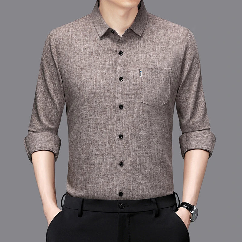 Men's Casual Long Sleeved Wrinkle Resistance No Ironing Printed Shirt in brown with button details and a chest pocket