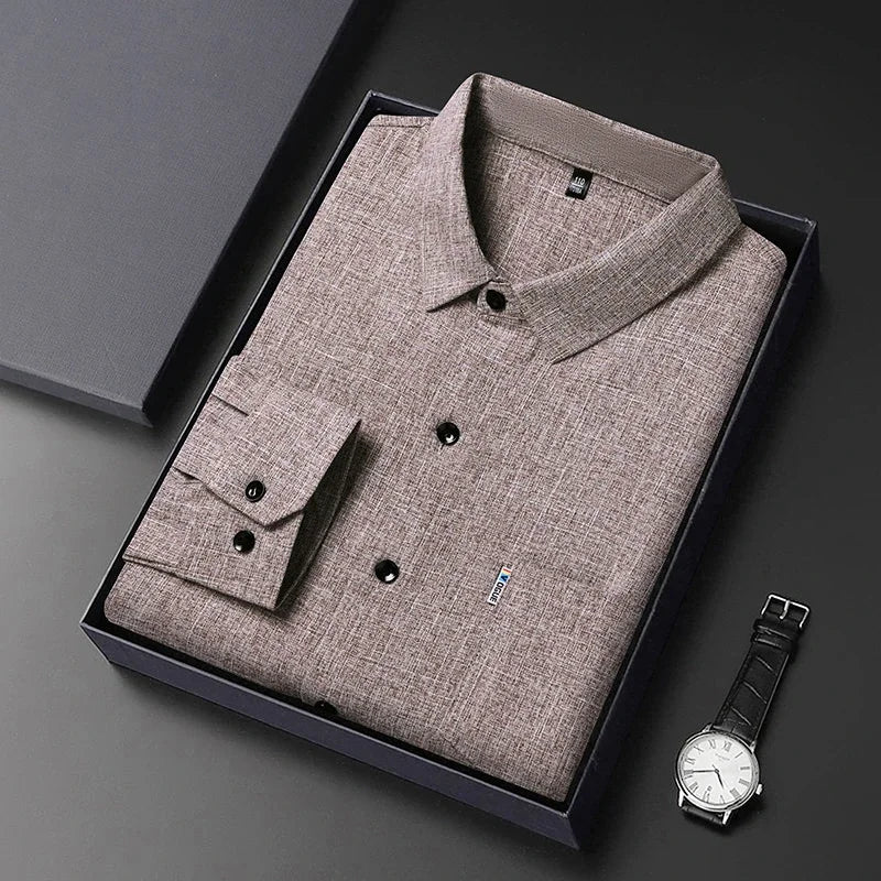 VaultHaus Men's Casual Long Sleeved Wrinkle Resistance No Ironing Printed Shirt neatly presented in a black box with a watch