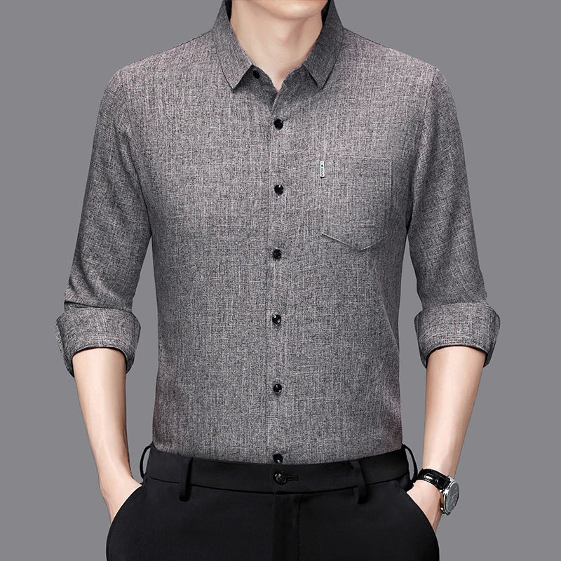 New Men's Business Casual Long Sleeved Printed Shirt with Wrinkle Resistance No Ironing Comfortable All Season Versatile Top - VaultHaus